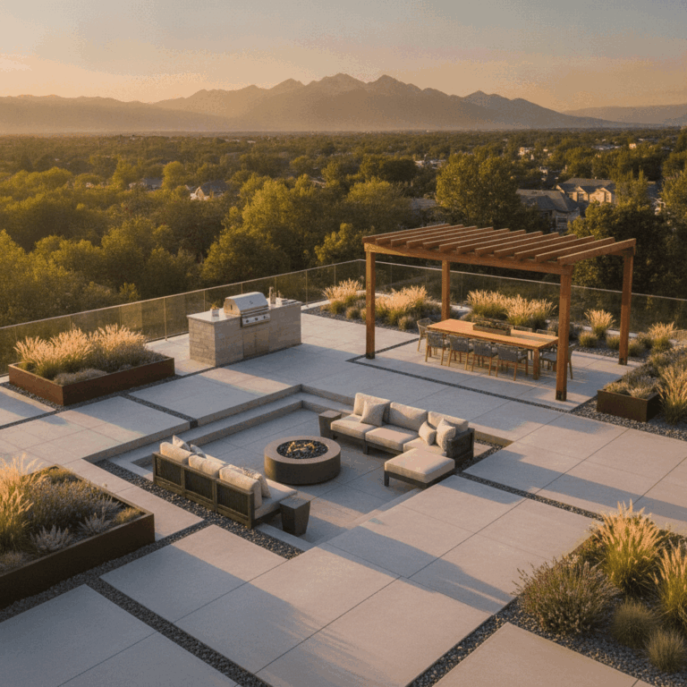 Modern patio with pavers, seating areas, and pergola shade structure in Denver backyard