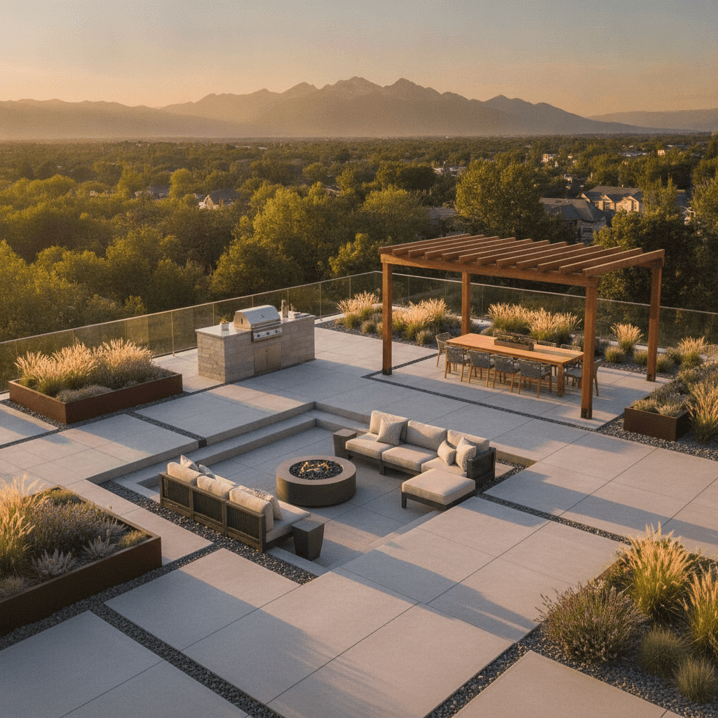 Modern patio with pavers, seating areas, and pergola shade structure in Denver backyard