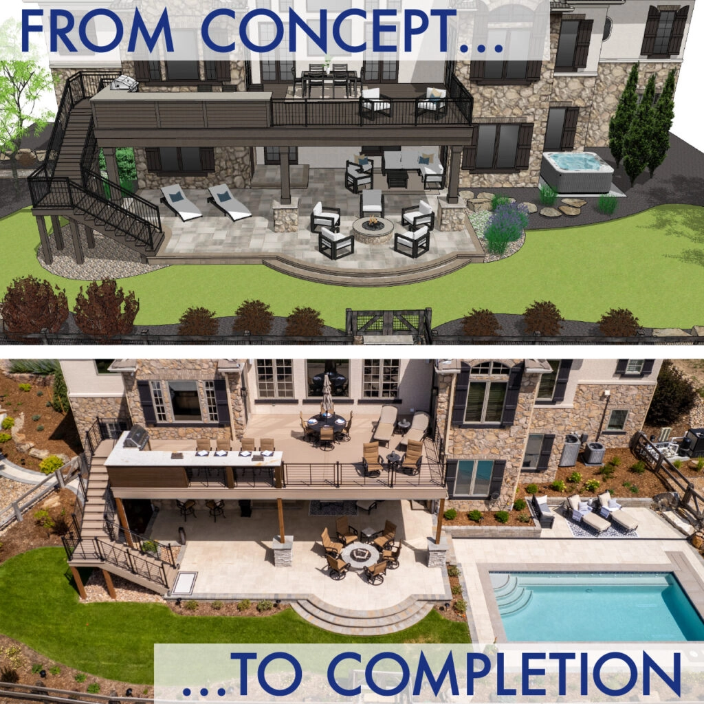 3D design rendering above the finished multi-level deck, patio, and pool it became