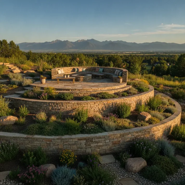 Tiered retaining wall with natural stone creating level outdoor living spaces on sloped Denver yard