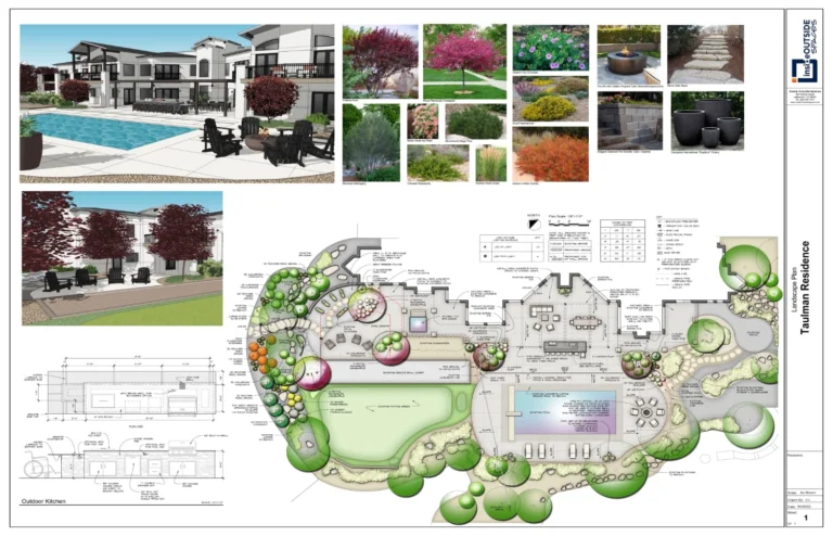 Landscape design plan with site drawing, 3D renderings, and plant selections